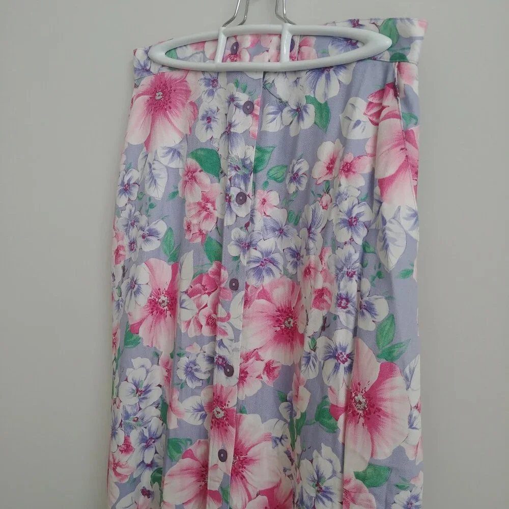Vintage long button down midi maxi skirt purple pink and green floral Medium - Picture 3 of 14